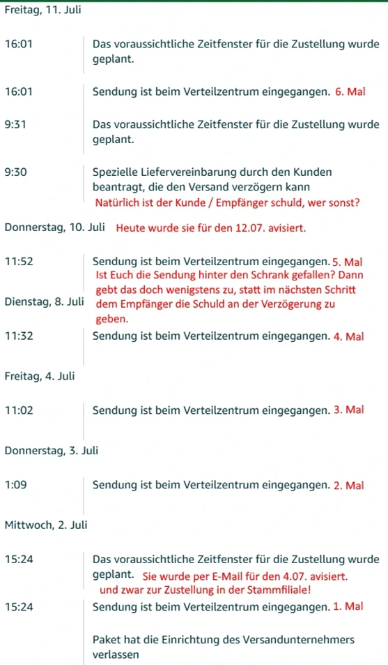 DHL-Zustellverlauf | Screenshot by Andre Schäfer (ASRvw) DHL Zustellverlauf - Die Sendung ist 6 Mal im Verteilerzentrum eingegangen...