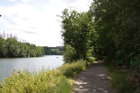 Eingebettet zwischen Wäldern ist die Heilenbecke Talsperre angestaut