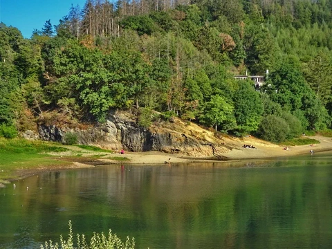 Am Ufer eines Sees sieht man eine steile Felswand mit einem Wald darauf