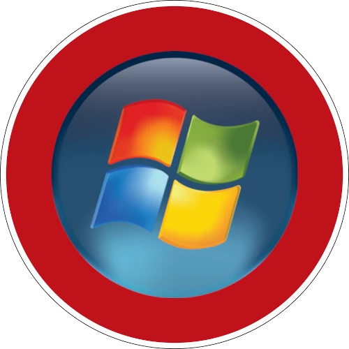 Das alte Windows-XP Logo mit den geschwungenen, bunten Fenstern in rot, grün, blau und gelb, auf einem blauen Hintergrund, umrundet von einem breiten, roten und einem schmalen, weißen Kreis ähnlich einem Verbotszeichen der StVO.