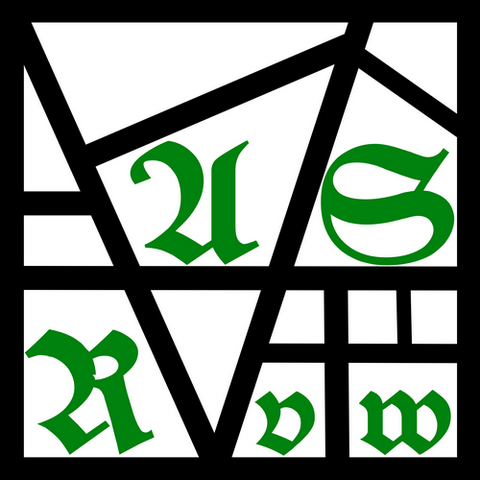 Logo von ASRvw: In einem stilisierten, schwarz-weißen Fachwerk stehen in grüner, altdeutscher Schrift die Buchstaben A. S, R, v und w.