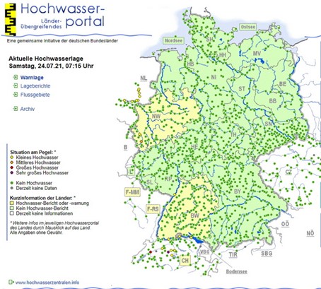 Screenshot: Die Übersichtskarte Hochwasser in Deutschland der Hochwasserzentralen.