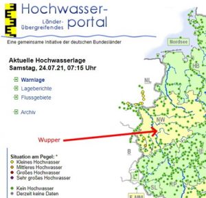 Screenshot: Auf der Übersichtskarte Hochwasser Deutschland ist die Wupper mit einem roten Pfeil markiert. Hier gibt es keine Hochwasserinformation.