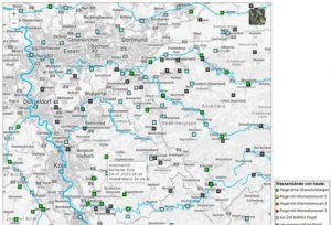Screenshot: Auf einer schwarz-weißen Karten von Ruhrgebiet und Bergischem Land sind die einzelnen Flüsse und verschiedene Arten von Pegeln farblich unterschiedlich hervorgehoben.
