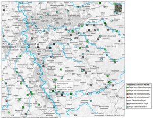 Screenshot: Auf einer schwarz-weißen Karten von NRW sind die einzelnen Flüsse und verschiedene Arten von Pegeln farblich unterschiedlich hervorgehoben.