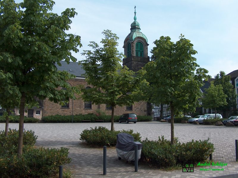 Bäume mit grünen Blättern umringen einen Kirchplatz. Im Hintergrund eine kleine Kirche mit einem grünen Turm