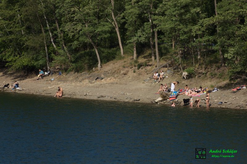 Menschen sonnen sich am Ufer, Kinder gehen ins Wasser
