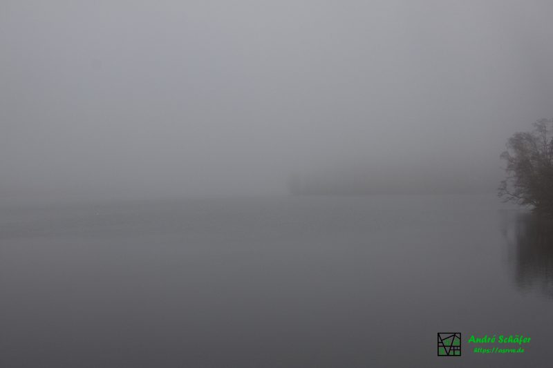 Nebel liegt auf der Bevertalsperre. Nur Schemenhaft sind Wasserfläche und Ufer zu erkennen