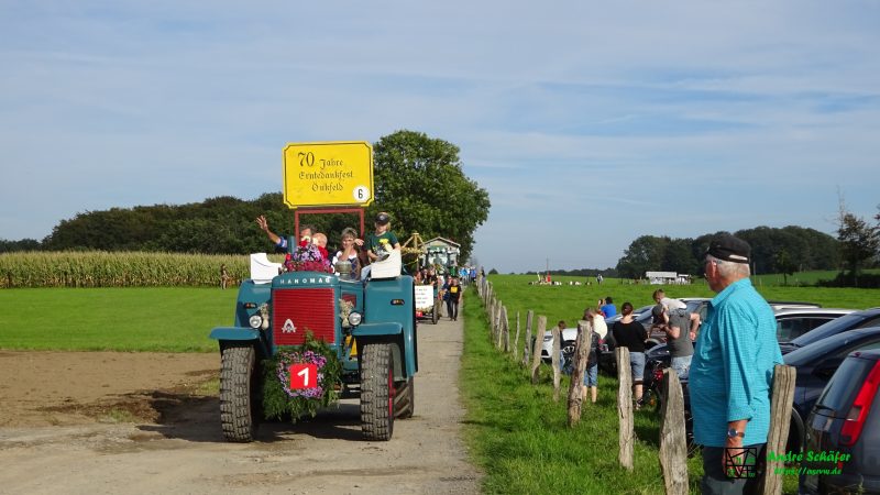 Ein Hanomag Oldtimer-Traktor führt den Erntedankzug an